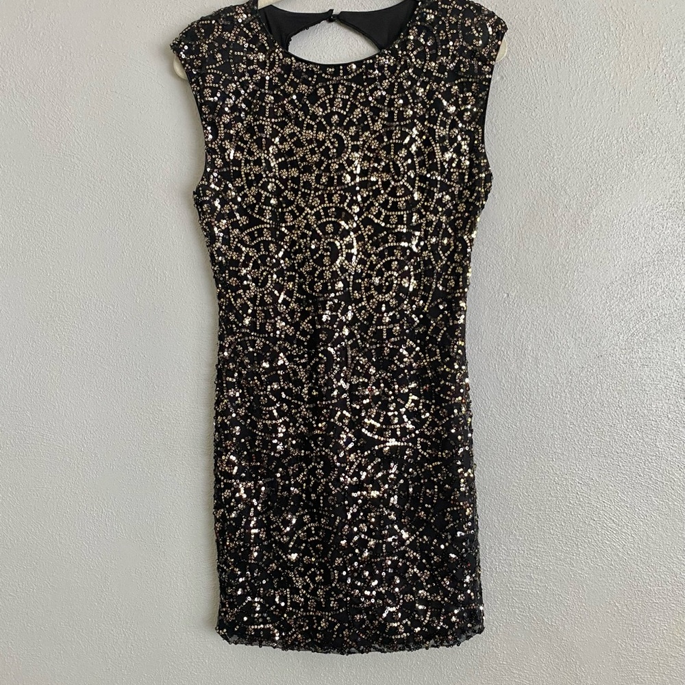 Women’s Mini Dress Size Large Wedding Guest Black Gold Sequins Cocktail Formal